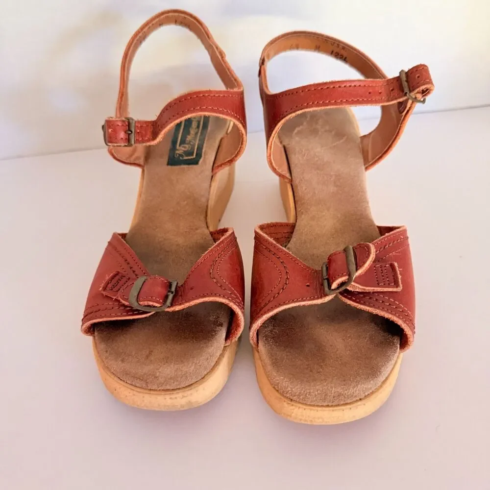 Morgan Quinn VTG 70s Platform Brown Leather Wedge Sandals 8.5 Ankle Strap Buckle - Picture 5 of 9